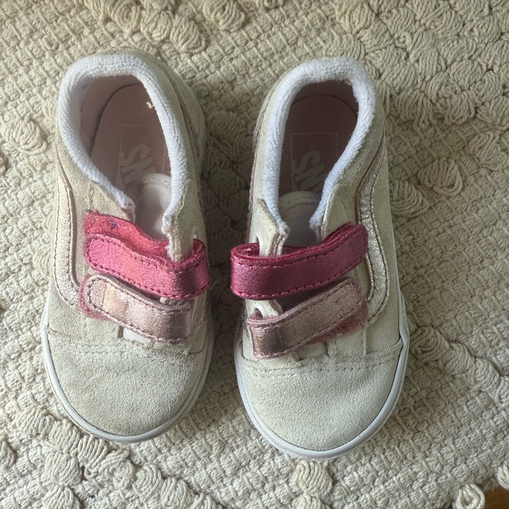 Vans Kids Beige and Pink Velcro Sneakers